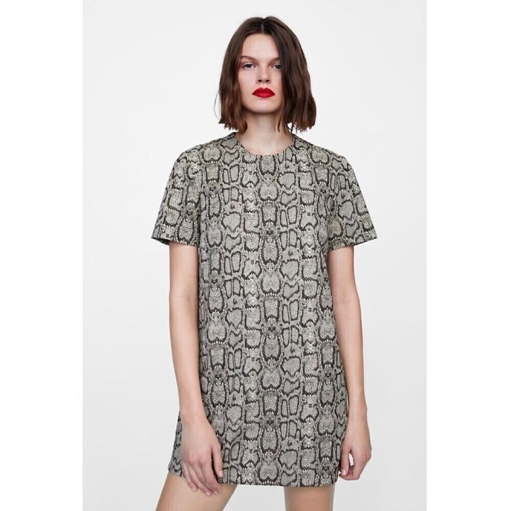 NEW Zara Snake Print Short Sleeve Tee Shirt Mini Dress Tshirt Brown womens Large